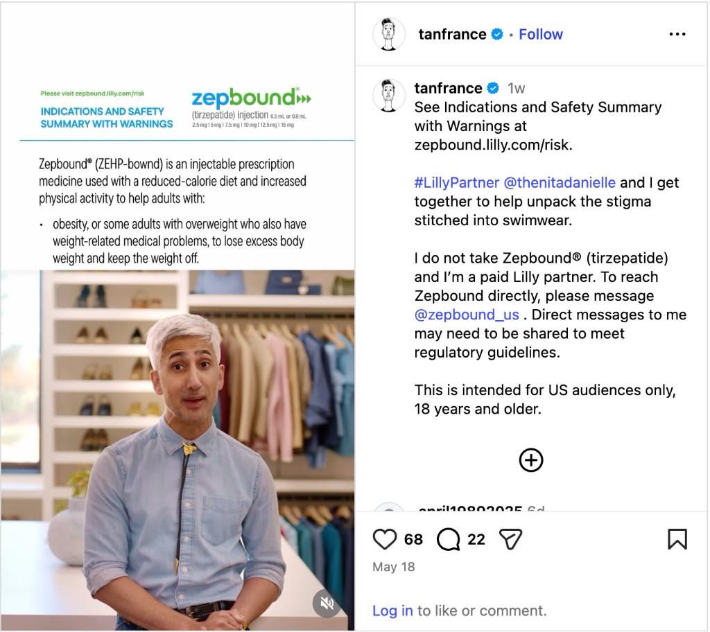 Tan France Instagram post for Eli Lilly Zepbound Change the Thread branded content with safety information and Lilly partner disclosure.