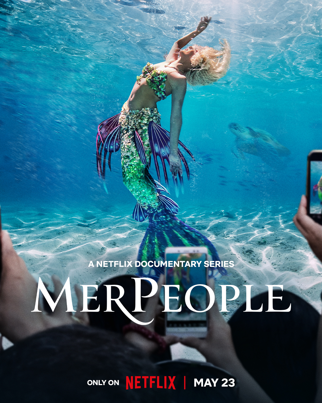 MerPeople Netflix documentary series poster featuring a mermaid performer underwater.