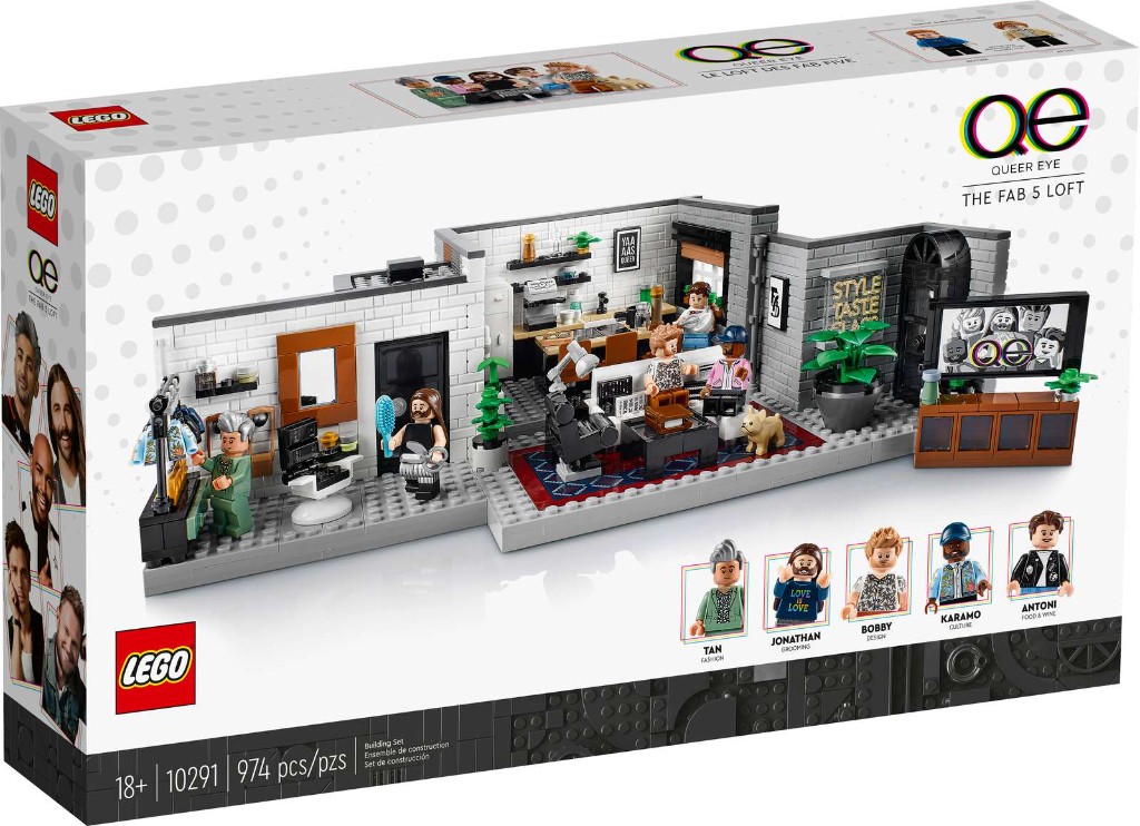 LEGO Queer Eye The Fab 5 Loft set box featuring the Fab Five loft build and minifigures.