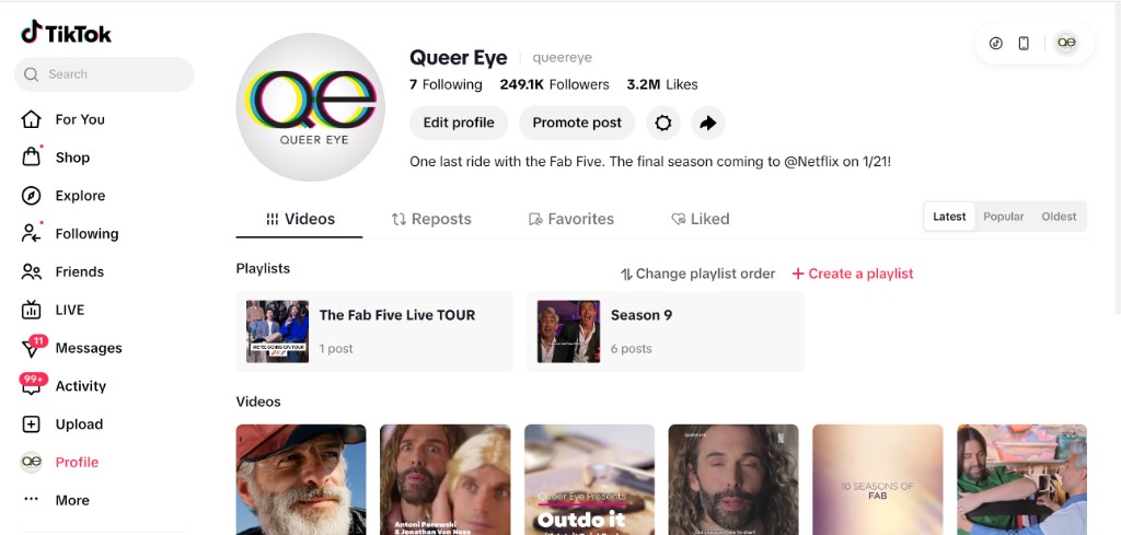 Queer Eye official TikTok profile showing 249K followers, playlists, and video content.