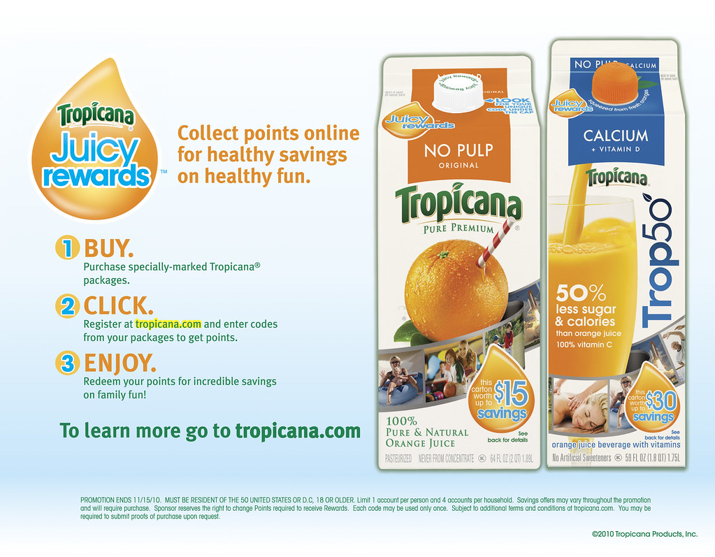 Tropicana Juicy Rewards campaign showing Pure Premium and Trop50 cartons with Buy, Click, Enjoy steps and savings offers.